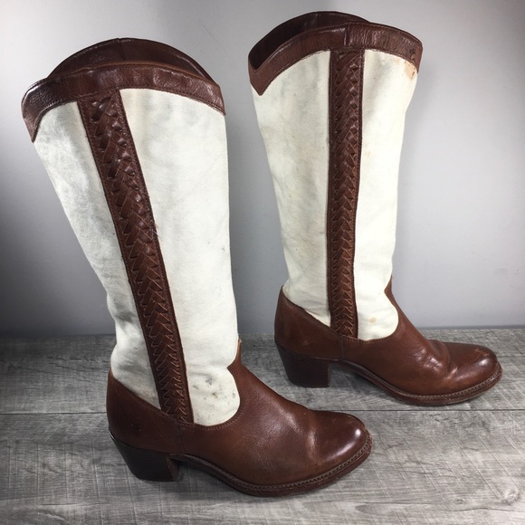 Frye 77225 Jane Braid Canvas & Leather Womens Riding Tall Fashion Boots Size 8 - Picture 1 of 10